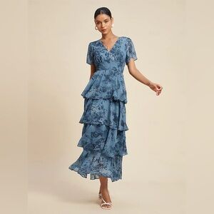 NWT 💙 ADOR Navy Floral Chiffon Elastic Waist Dress #15814645 Size Large